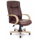 High back leather executive chair with oak effect arms & base - Brown