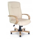High back leather executive chair with oak effect arms & base - Cream